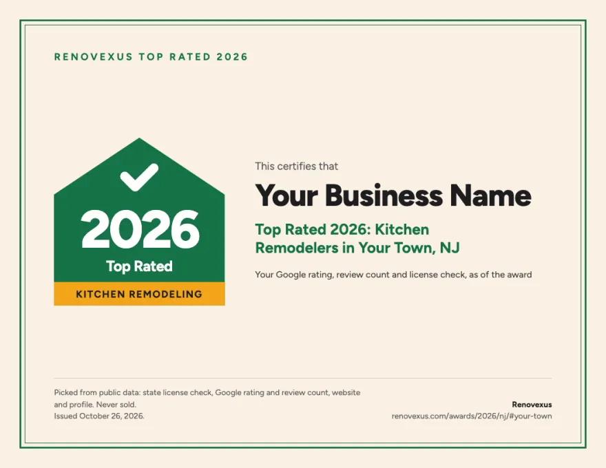 Sample Renovexus Top Rated 2026 certificate for a kitchen remodeler