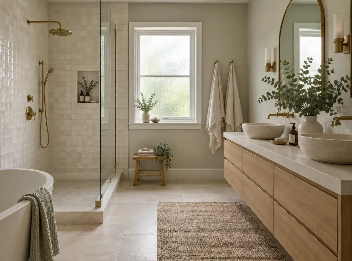 Remodeled bathroom with a curbless walk-in shower and a wood vanity