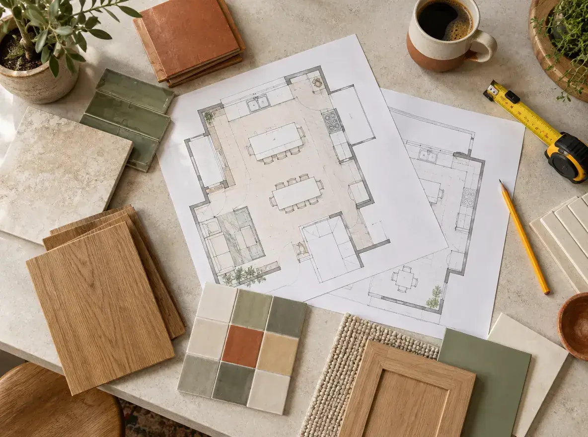 Kitchen floor plans laid out with tile, wood, and cabinet door samples beside a tape measure