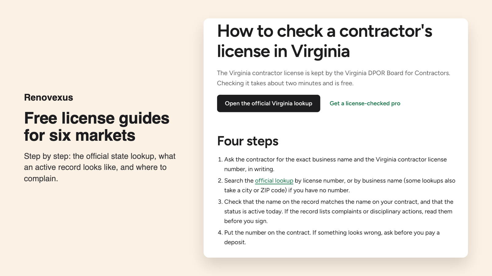 Renovexus license guide showing how to check a contractor's license in Virginia in four steps